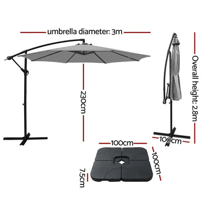 Instahut Umbrella Outdoor Umbrellas Cantilever Sun Stand UV Garden Base Grey 3M - Mekamart Australia
