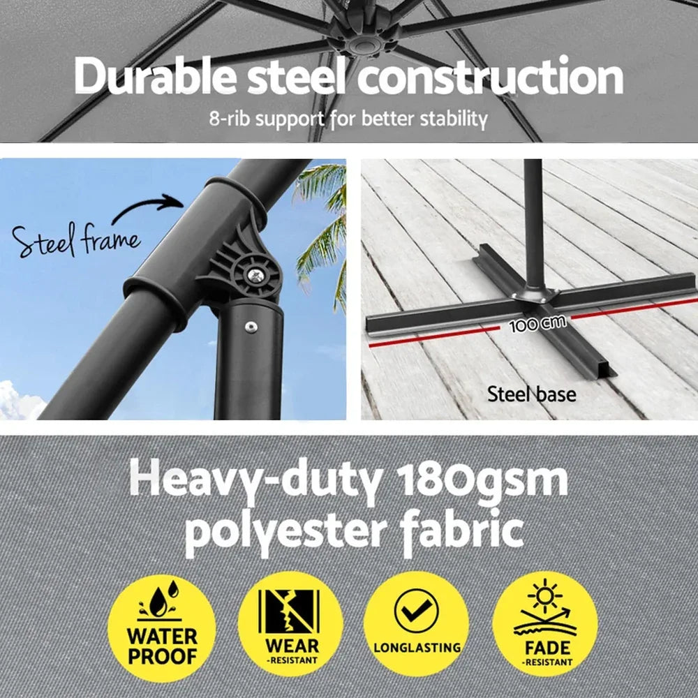 Instahut Umbrella Outdoor Umbrellas Cantilever Sun Stand UV Garden Base Grey 3M - Mekamart Australia