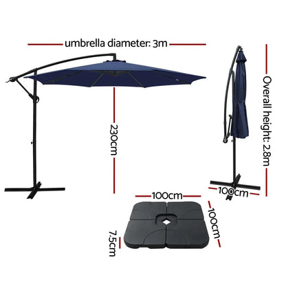 Instahut 3m Umbrella w/Base Outdoor Cantilever Beach Garden Patio Parasol Navy - Mekamart Australia