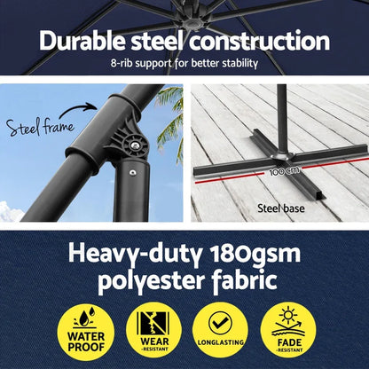 Instahut 3m Umbrella w/Base Outdoor Cantilever Beach Garden Patio Parasol Navy - Mekamart Australia