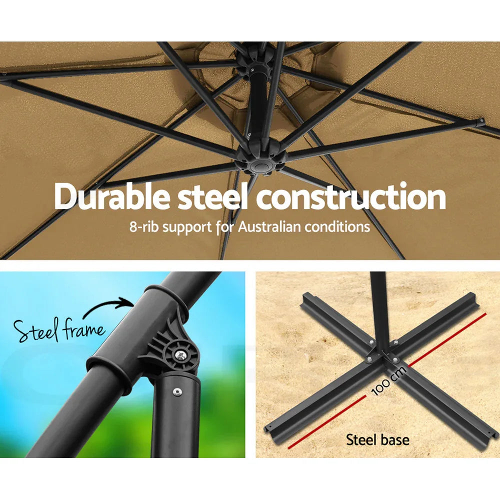 Instahut 3m Outdoor Umbrella Cantilever Beach Garden Patio Beige - Mekamart Australia