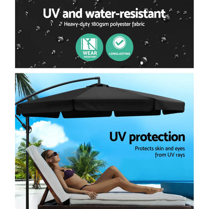 Instahut 3m Outdoor Umbrella w/Base Cantilever Garden Patio Beach Black - Mekamart Australia