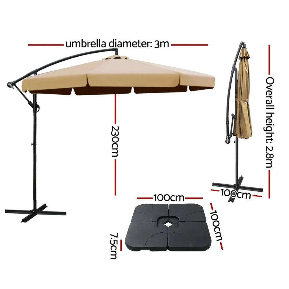 Instahut 3m Outdoor Umbrella w/Base Cantilever Garden Beach Patio Beige - Mekamart Australia