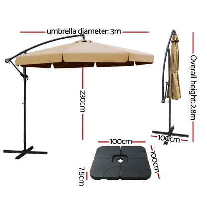 Instahut 3m Outdoor Umbrella w/Base Cantilever Garden Beach Patio Beige - Mekamart Australia