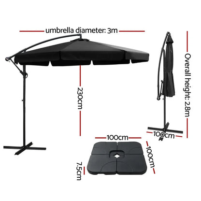 Instahut 3m Outdoor Umbrella w/Base Cantilever Garden Beach Patio Black - Mekamart Australia