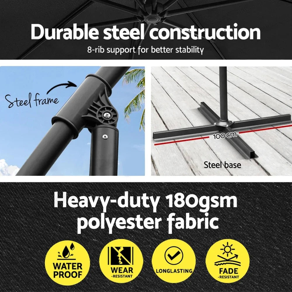 Instahut 3m Outdoor Umbrella w/Base Cantilever Garden Beach Patio Black - Mekamart Australia