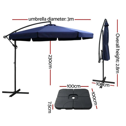 Instahut 3m Outdoor Umbrella w/Base Cantilever Garden Beach Patio Navy - Mekamart Australia