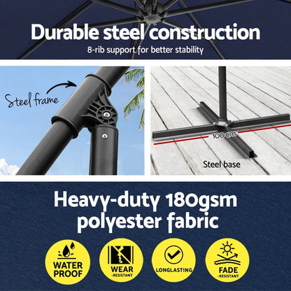 Instahut 3m Outdoor Umbrella w/Base Cantilever Garden Beach Patio Navy - Mekamart Australia
