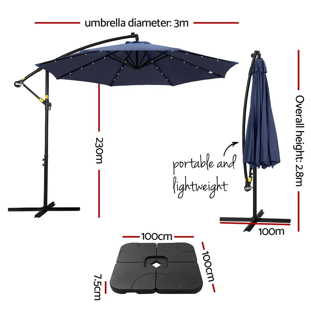 Instahut Outdoor Umbrella 3M Cantilever Beach LED w/Base Garden Shade Patio Navy - Mekamart Australia
