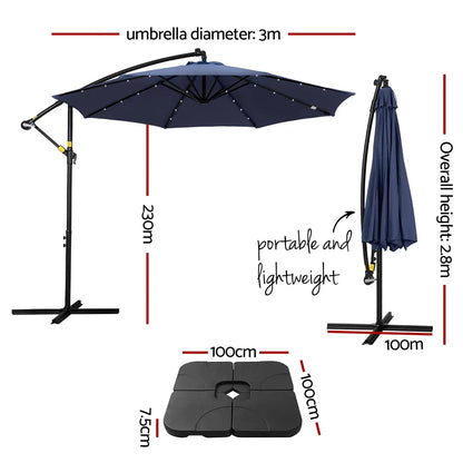 Instahut Outdoor Umbrella 3M Cantilever Beach LED w/Base Garden Shade Patio Navy - Mekamart Australia