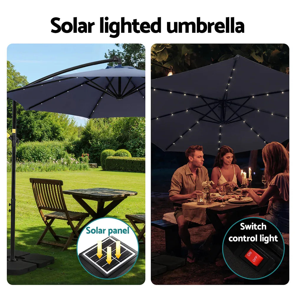 Instahut Outdoor Umbrella 3M Cantilever Beach LED w/Base Garden Shade Patio Navy - Mekamart Australia