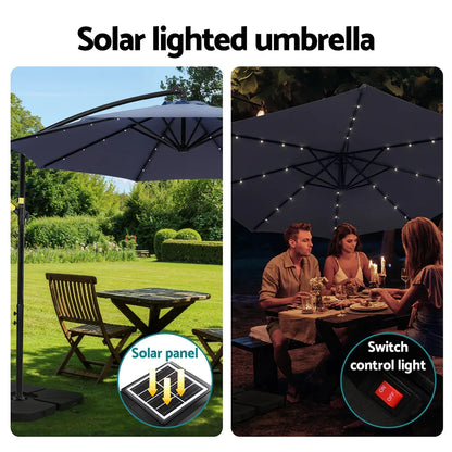 Instahut Outdoor Umbrella 3M Cantilever Beach LED w/Base Garden Shade Patio Navy - Mekamart Australia