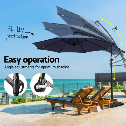 Instahut Outdoor Umbrella 3M Cantilever Beach LED w/Base Garden Shade Patio Navy - Mekamart Australia