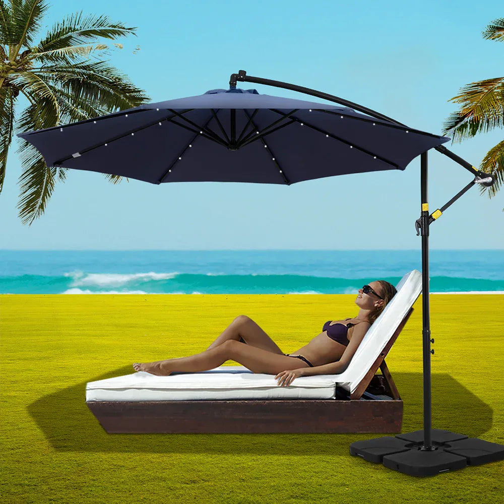 Instahut Outdoor Umbrella 3M Cantilever Beach LED w/Base Garden Shade Patio Navy - Mekamart Australia