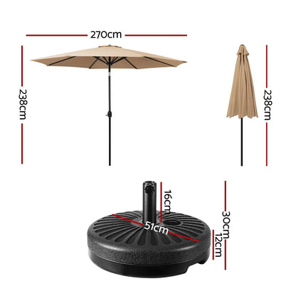Instahut 2.7m Outdoor Umbrella w/Base Pole Stand Garden Sun Beige - Mekamart Australia
