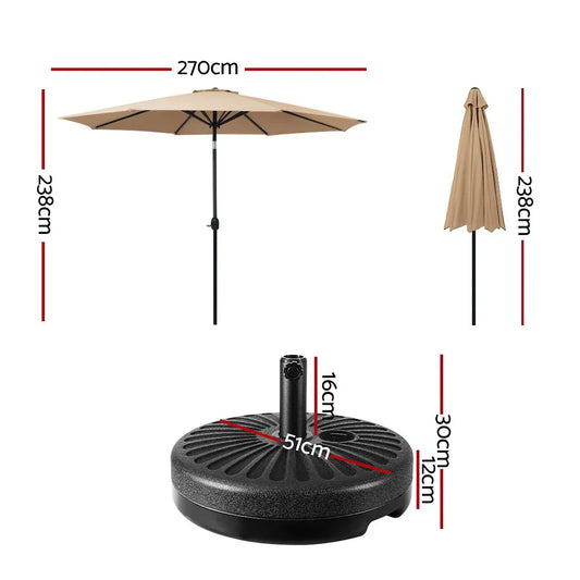 Instahut 2.7m Outdoor Umbrella w/Base Pole Stand Garden Sun Beige - Mekamart Australia