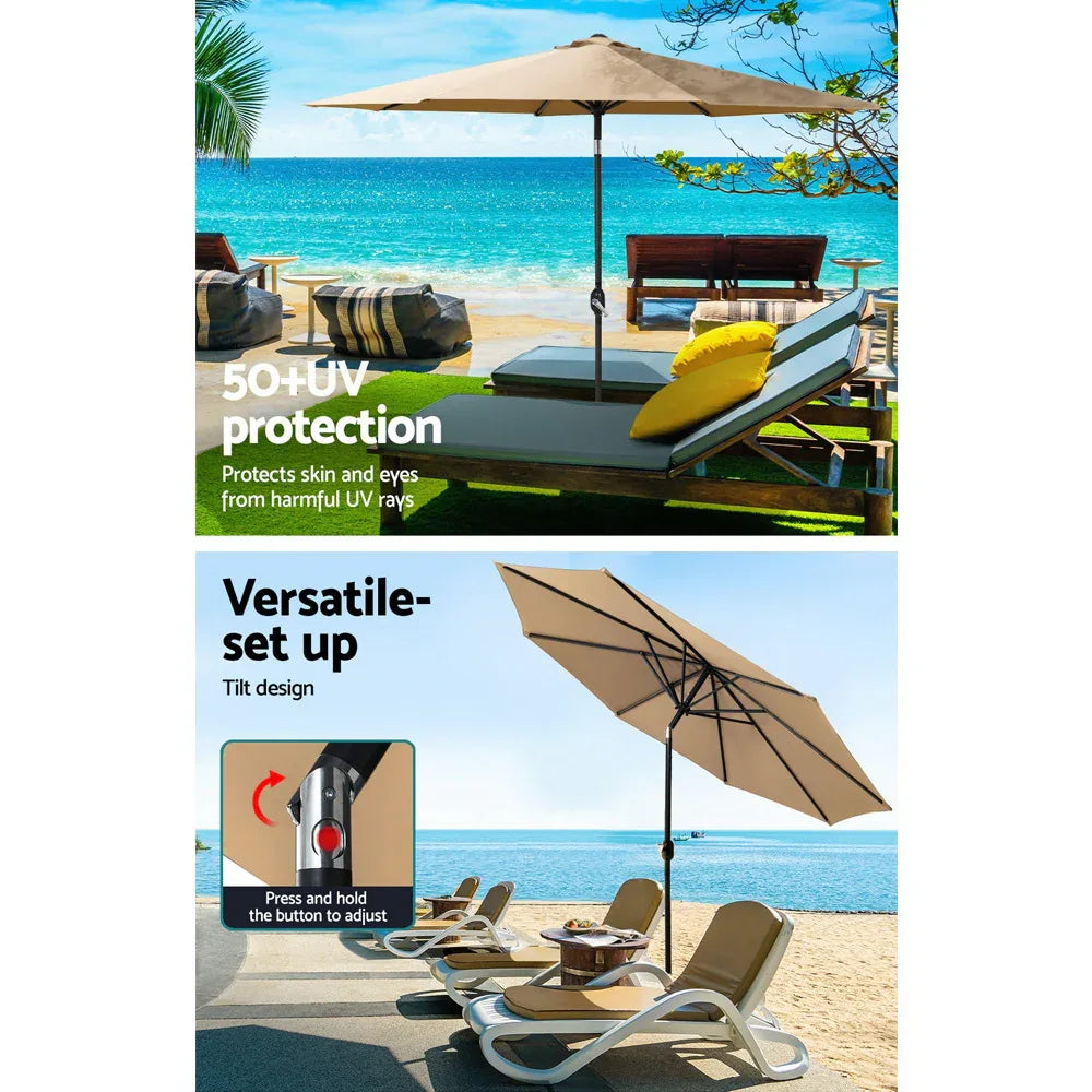 Instahut 2.7m Outdoor Umbrella w/Base Pole Stand Garden Sun Beige - Mekamart Australia