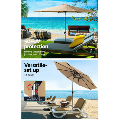 Instahut 2.7m Outdoor Umbrella w/Base Pole Stand Garden Sun Beige - Mekamart Australia
