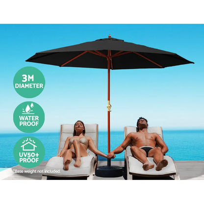 Instahut 3m Outdoor Umbrella w/Base Pole Umbrellas Garden Sun Stand Deck Black - Mekamart Australia