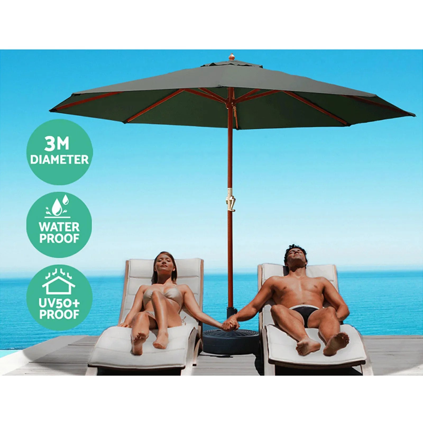 Instahut 3m Outdoor Umbrella w/Base Pole Umbrellas Garden Sun Stand Deck Charcoal - Mekamart Australia