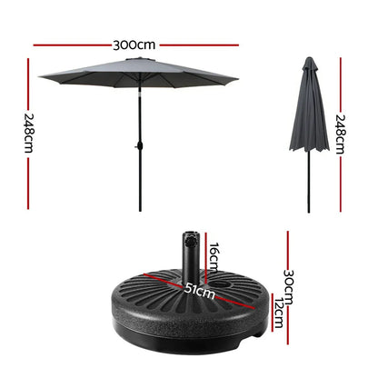 Instahut Outdoor Umbrella 3m Base Beach Pole Garden Tilt Sun Patio UV Charcoal - Mekamart Australia