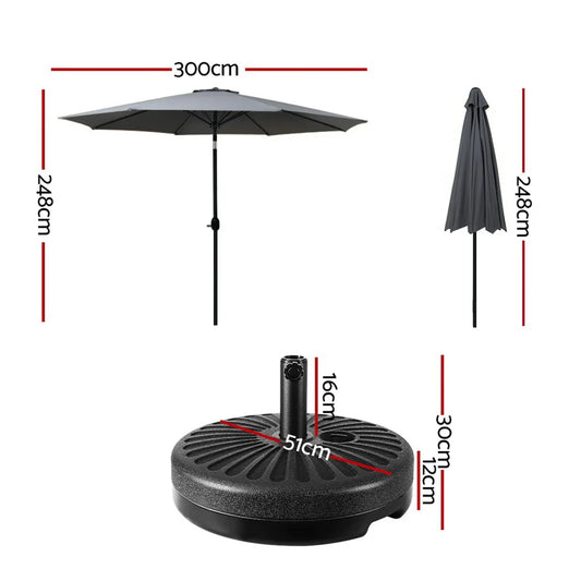 Instahut Outdoor Umbrella 3m Base Beach Pole Garden Tilt Sun Patio UV Charcoal - Mekamart Australia