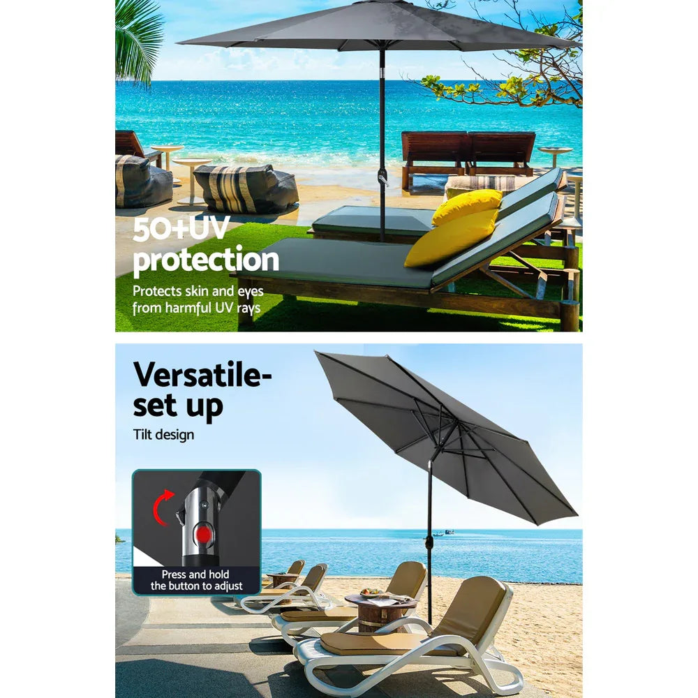 Instahut Outdoor Umbrella 3m Base Beach Pole Garden Tilt Sun Patio UV Charcoal - Mekamart Australia