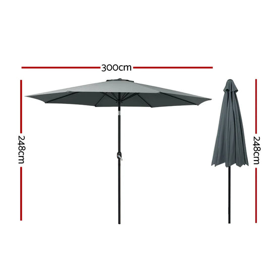 Instahut 3m Outdoor Umbrella Beach Pole Garden Patio Tilt Charcoal - Mekamart Australia