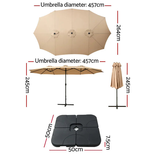 Instahut 4.57m Outdoor Umbrella w/Base Stand Beach Pole Garden Tilt Beige - Mekamart Australia