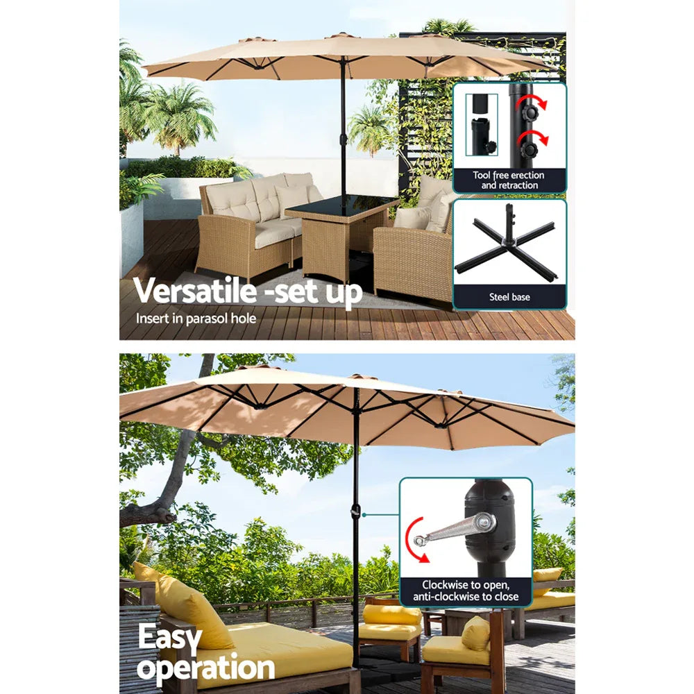 Instahut 4.57m Outdoor Umbrella w/Base Stand Beach Pole Garden Tilt Beige - Mekamart Australia