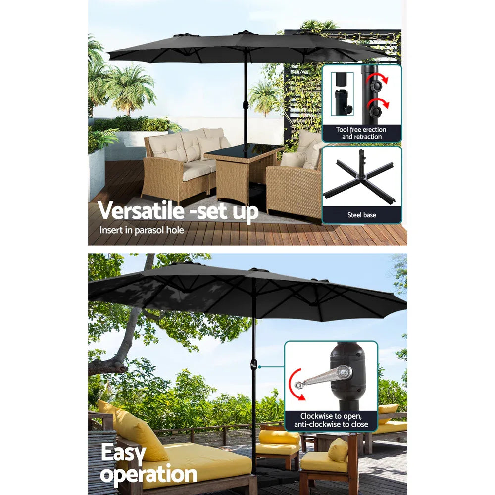Instahut 4.57m Outdoor Umbrella w/Base Stand Beach Pole Garden Tilt Black - Mekamart Australia