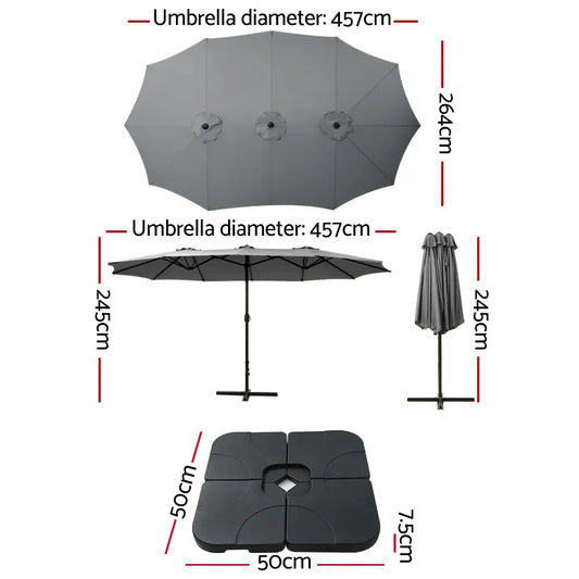 Instahut 4.57m Outdoor Umbrella w/Base Stand Beach Pole Garden Tilt Charcoal - Mekamart Australia