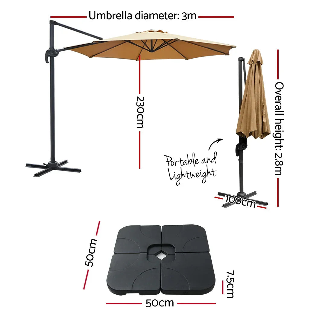 Instahut 3m Outdoor Umbrella w/Base Cantilever Beach Roma 360 Degree Tilt Beige - Mekamart Australia