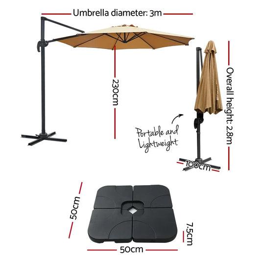Instahut 3m Outdoor Umbrella w/Base Cantilever Beach Roma 360 Degree Tilt Beige - Mekamart Australia