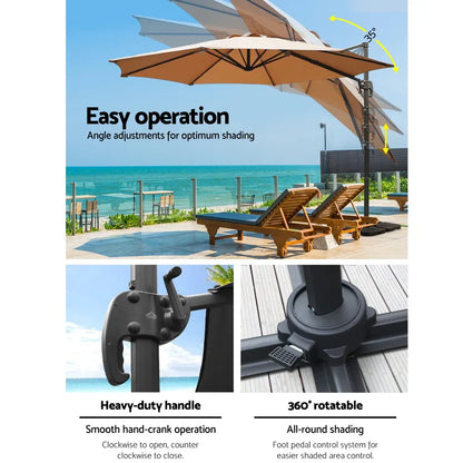 Instahut 3m Outdoor Umbrella w/Base Cantilever Beach Roma 360 Degree Tilt Beige - Mekamart Australia
