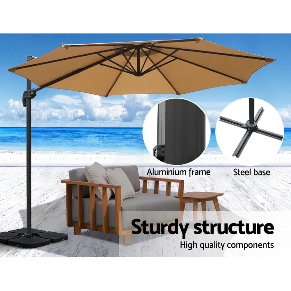 Instahut 3m Outdoor Umbrella w/Base Cantilever Beach Roma 360 Degree Tilt Beige - Mekamart Australia