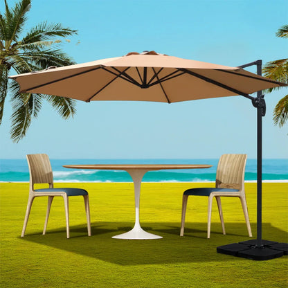 Instahut 3m Outdoor Umbrella w/Base Cantilever Beach Roma 360 Degree Tilt Beige - Mekamart Australia