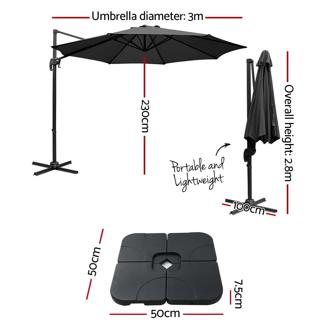 Instahut 3m Outdoor Umbrella w/Base Cantilever Beach Roma 360 Degree Tilt Black - Mekamart Australia