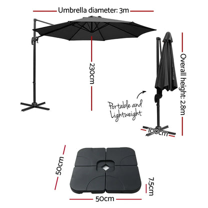Instahut 3m Outdoor Umbrella w/Base Cantilever Beach Roma 360 Degree Tilt Black - Mekamart Australia