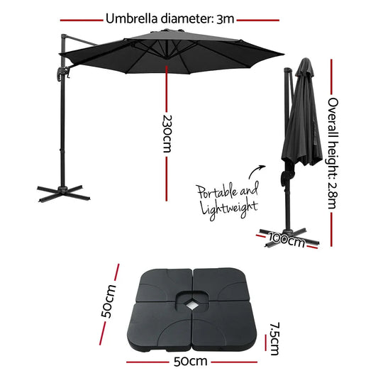 Instahut 3m Outdoor Umbrella w/Base Cantilever Beach Roma 360 Degree Tilt Black - Mekamart Australia