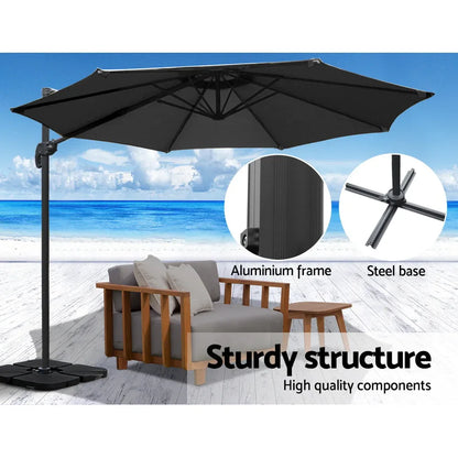 Instahut 3m Outdoor Umbrella w/Base Cantilever Beach Roma 360 Degree Tilt Black - Mekamart Australia