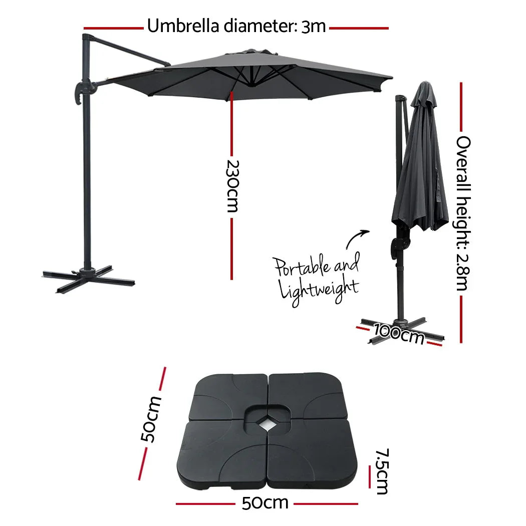 Instahut 3m Outdoor Umbrella w/Base Cantilever Beach Roma 360 Degree Tilt Charcoal - Mekamart Australia