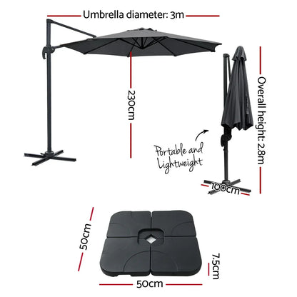 Instahut 3m Outdoor Umbrella w/Base Cantilever Beach Roma 360 Degree Tilt Charcoal - Mekamart Australia
