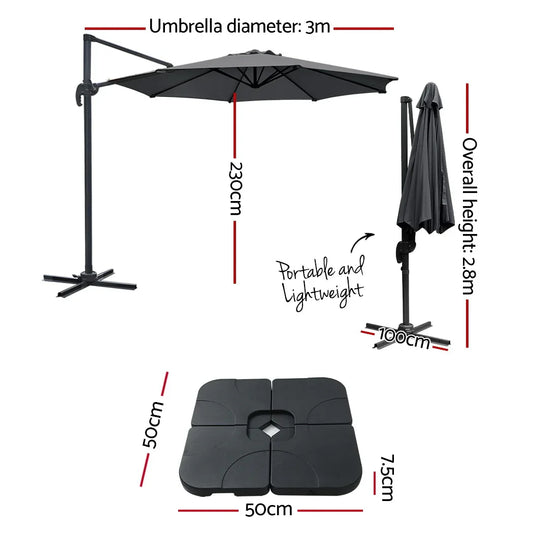 Instahut 3m Outdoor Umbrella w/Base Cantilever Beach Roma 360 Degree Tilt Charcoal - Mekamart Australia