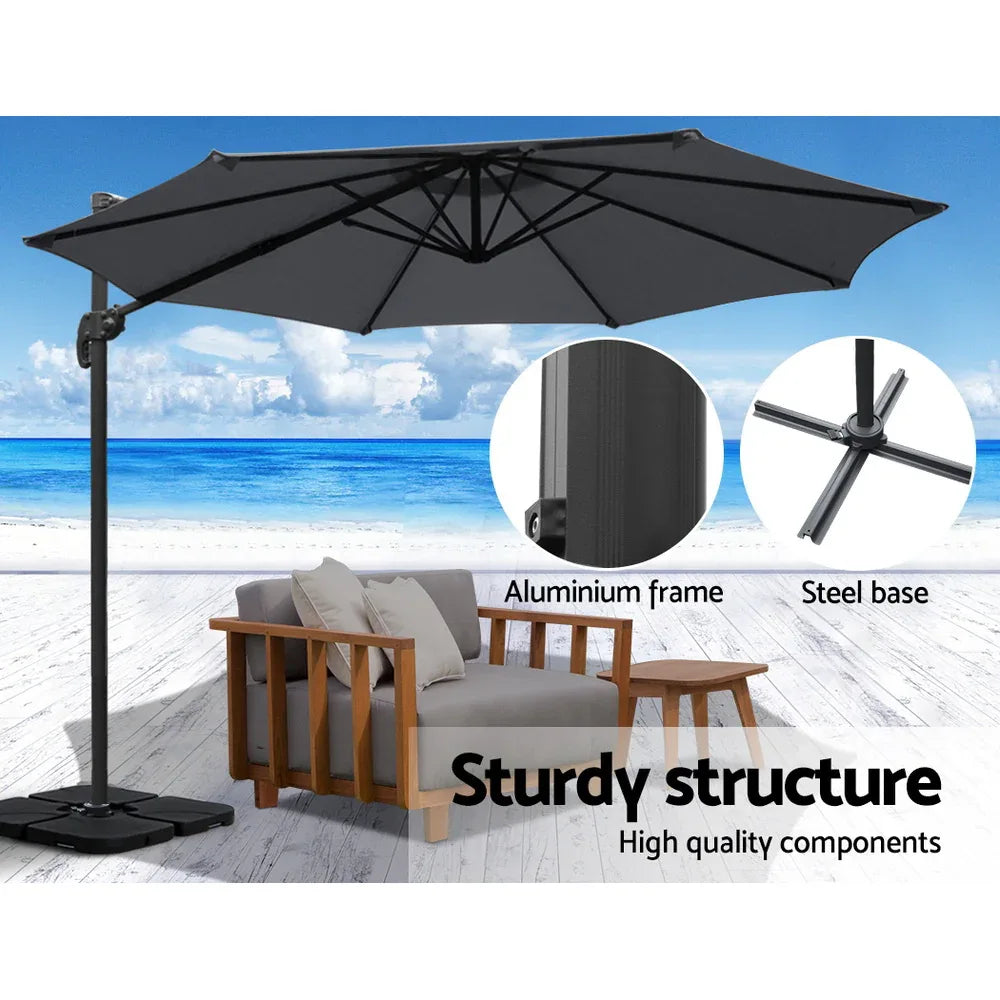 Instahut 3m Outdoor Umbrella w/Base Cantilever Beach Roma 360 Degree Tilt Charcoal - Mekamart Australia