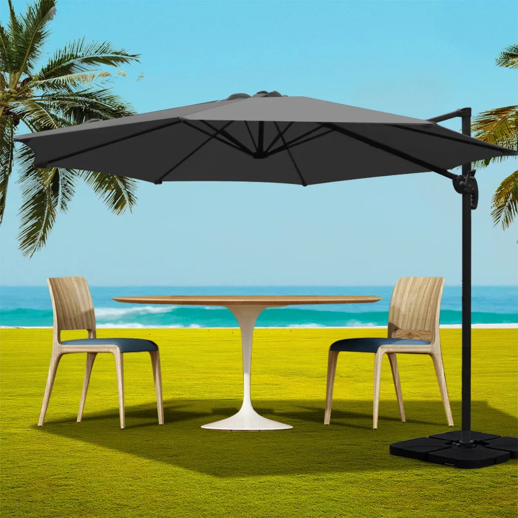 Instahut 3m Outdoor Umbrella w/Base Cantilever Beach Roma 360 Degree Tilt Charcoal - Mekamart Australia
