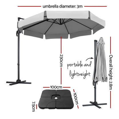 Instahut 3m Outdoor Umbrella w/Base Cantilever Beach Roma 360 Degree Tilt Grey - Mekamart Australia