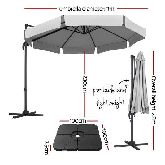 Instahut 3m Outdoor Umbrella w/Base Cantilever Beach Roma 360 Degree Tilt Grey - Mekamart Australia