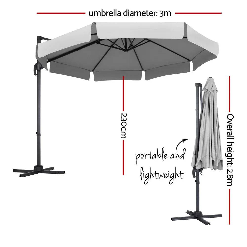 Instahut 3m Outdoor Umbrella Cantilever 360 Degree Tilt Beach Roma Grey - Mekamart Australia