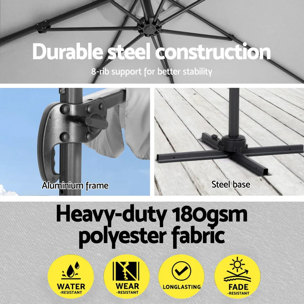 Instahut 3m Outdoor Umbrella Cantilever 360 Degree Tilt Beach Roma Grey - Mekamart Australia